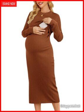 Wool Blend Maternity Nursing Dress Ribbed Long Sleeve Midi